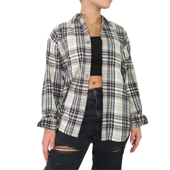 Vintage Liz Claiborne Black & Purple Plaid Button Down Top Retro Shacket Small - Picture 1 of 5